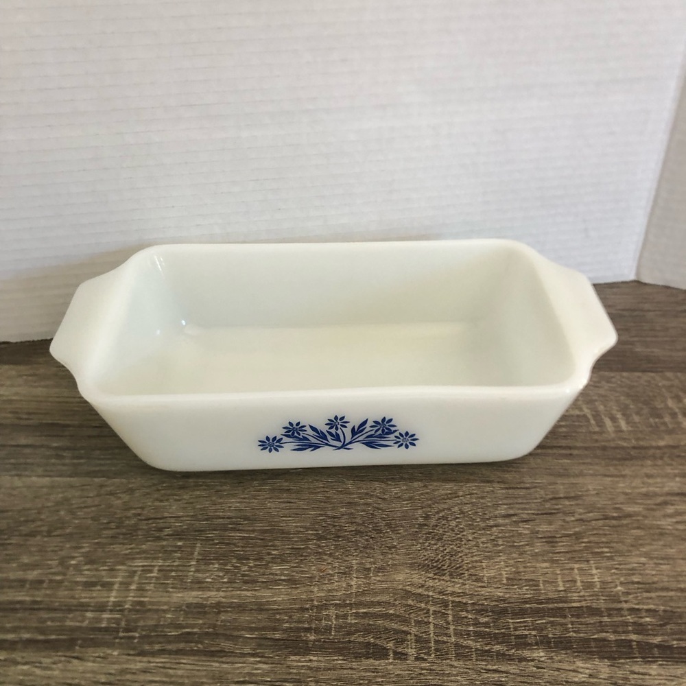 Vtg Milk Glass Baking Dish with Blue Floral Design